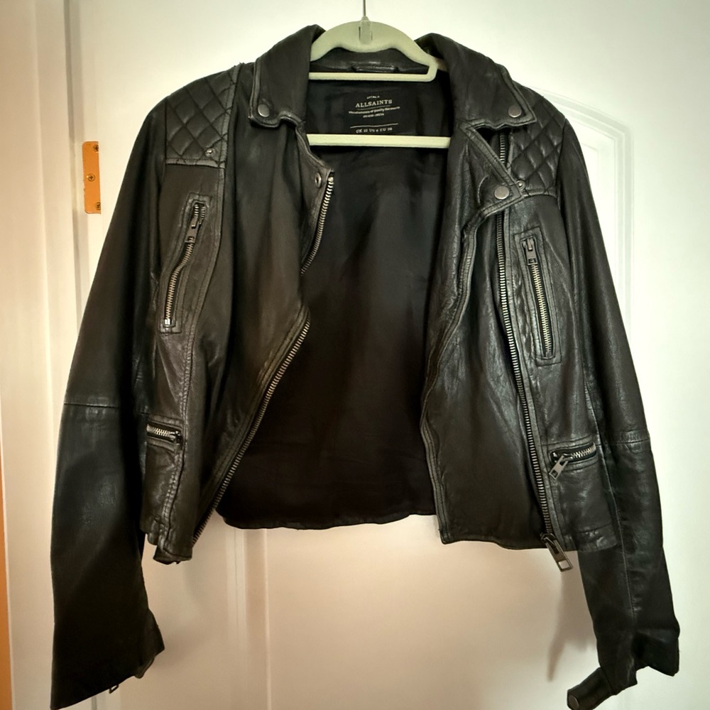 All Saints Charcoal Leather Moto Jacket